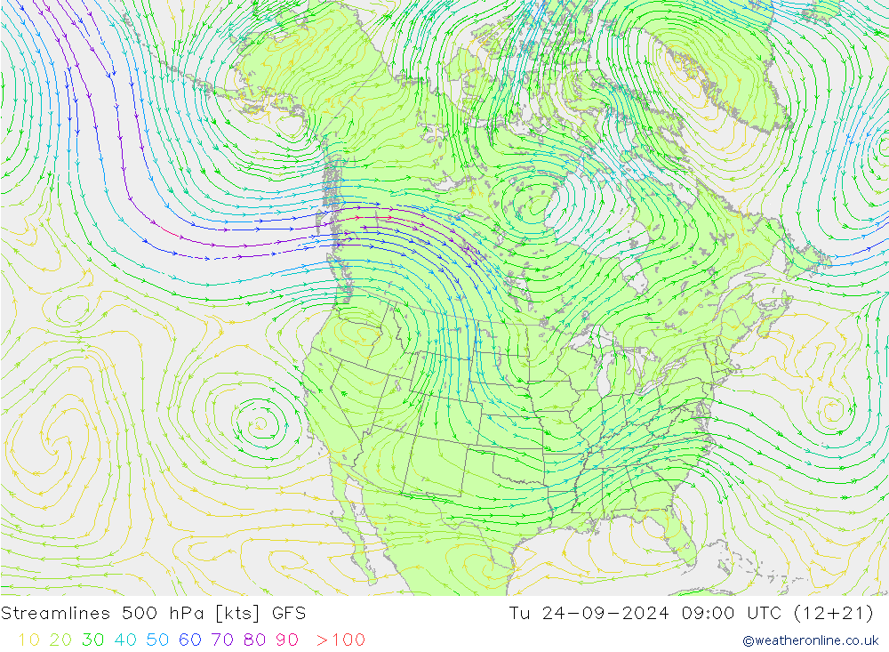 Streamlines 500 hPa GFS Tu 24.09.2024 09 UTC