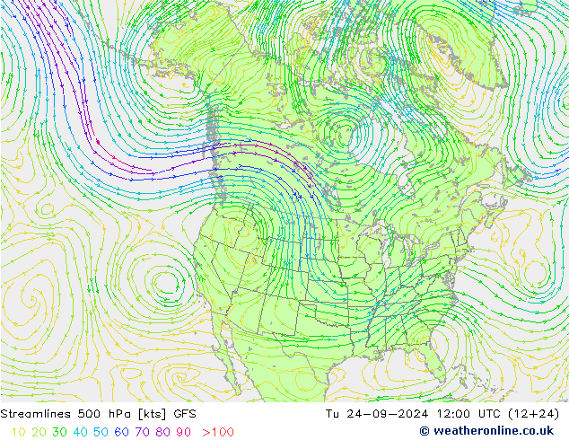 Ligne de courant 500 hPa GFS mar 24.09.2024 12 UTC