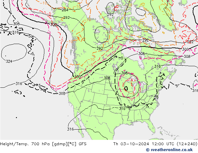 Height/Temp. 700 hPa GFS czw. 03.10.2024 12 UTC