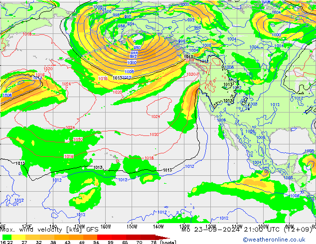 Max. wind snelheid GFS ma 23.09.2024 21 UTC