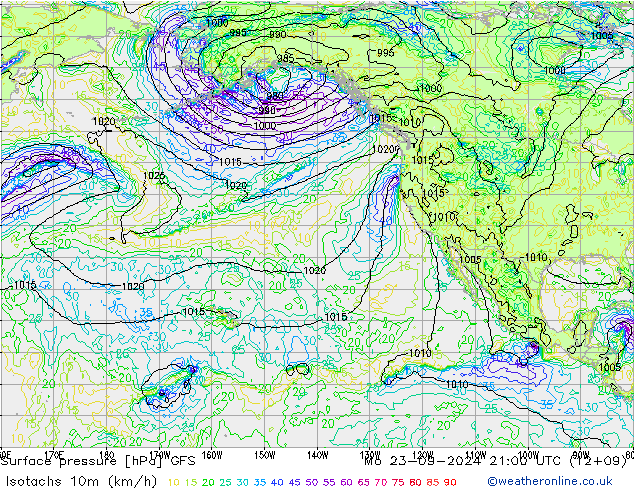 Isotachs (kph) GFS Seg 23.09.2024 21 UTC