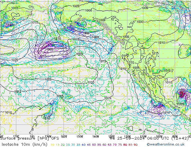 Isotachs (kph) GFS Qua 25.09.2024 06 UTC