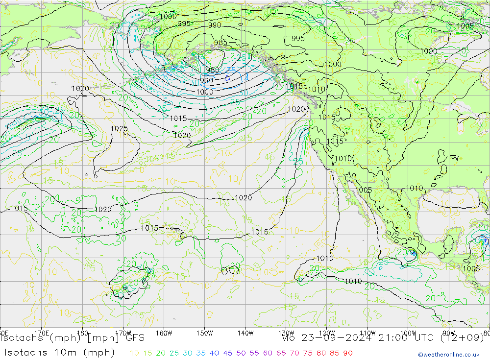 Isotachen (mph) GFS ma 23.09.2024 21 UTC