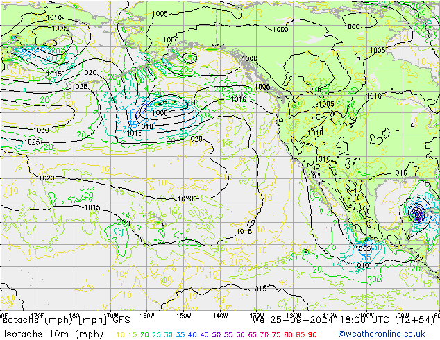 Isotachs (mph) GFS mer 25.09.2024 18 UTC