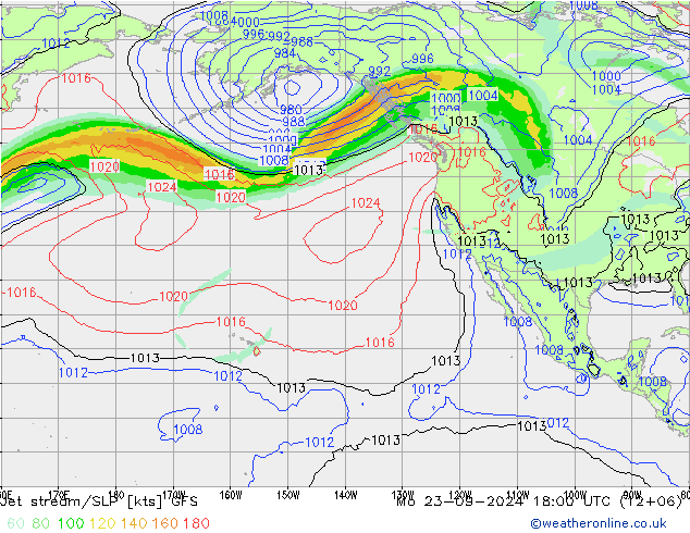 Jet stream/SLP GFS Mo 23.09.2024 18 UTC