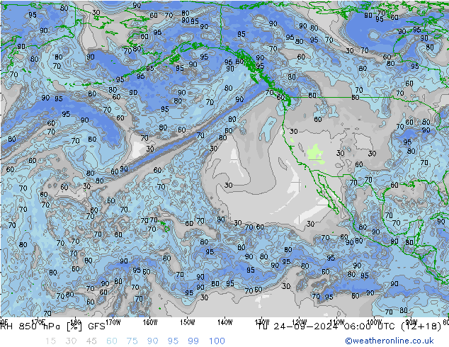 RH 850 hPa GFS wto. 24.09.2024 06 UTC