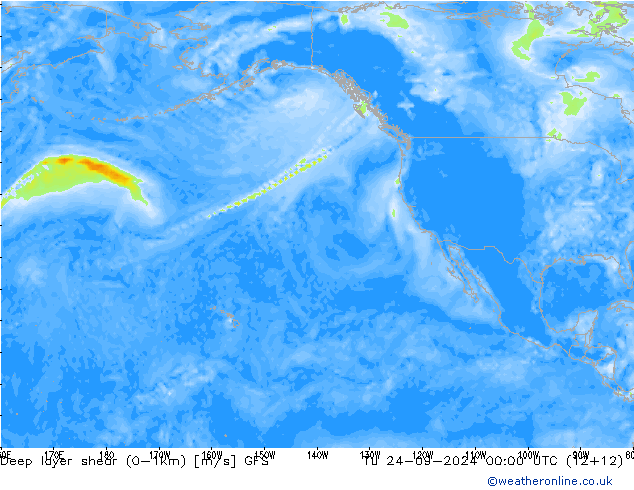 Deep layer shear (0-1km) GFS  24.09.2024 00 UTC