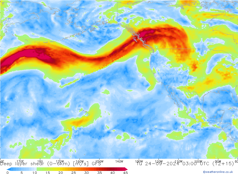 Deep layer shear (0-6km) GFS Sa 24.09.2024 03 UTC