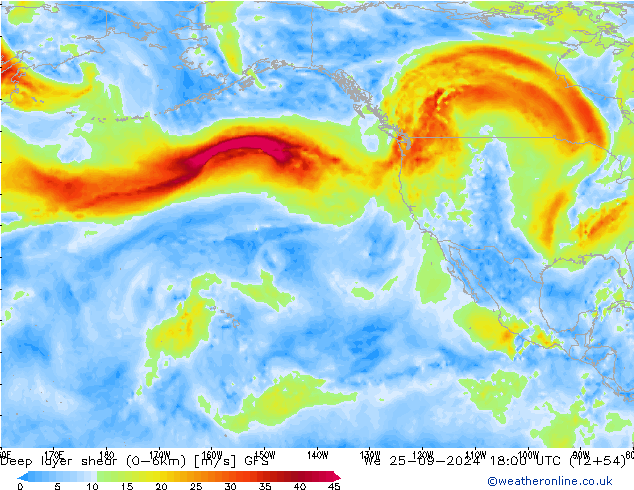 Deep layer shear (0-6km) GFS mer 25.09.2024 18 UTC