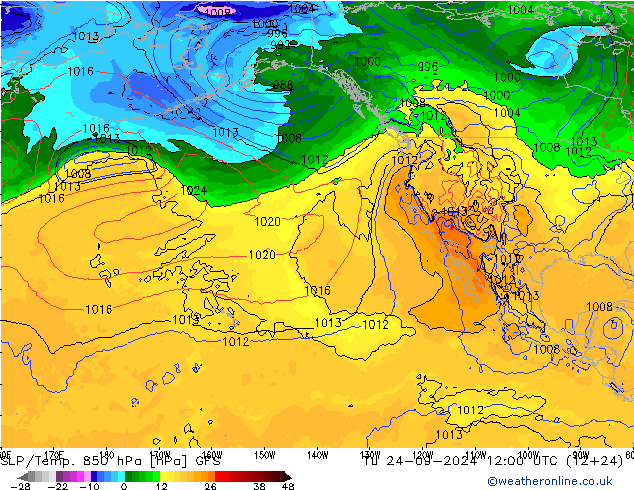 SLP/Temp. 850 hPa GFS Tu 24.09.2024 12 UTC