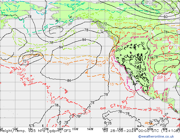 Height/Temp. 925 hPa GFS so. 28.09.2024 00 UTC