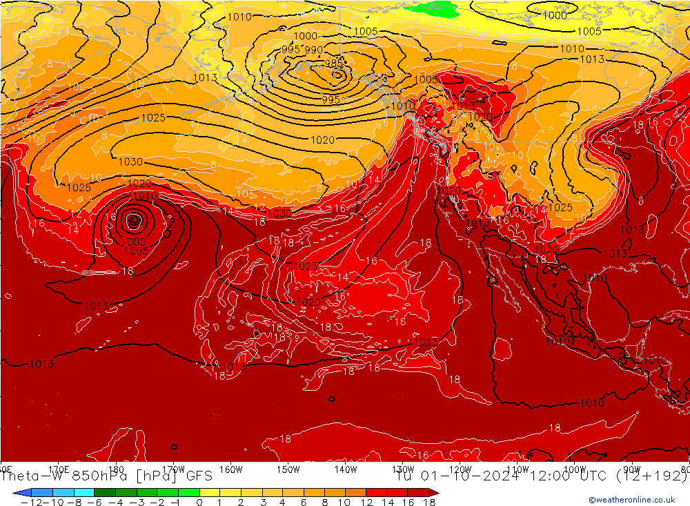 Theta-W 850hPa GFS wto. 01.10.2024 12 UTC