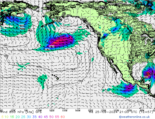 Wind 850 hPa GFS We 25.09.2024 21 UTC