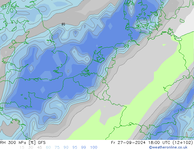 Humidité rel. 300 hPa GFS ven 27.09.2024 18 UTC