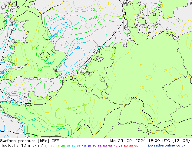 Isotachen (km/h) GFS Mo 23.09.2024 18 UTC