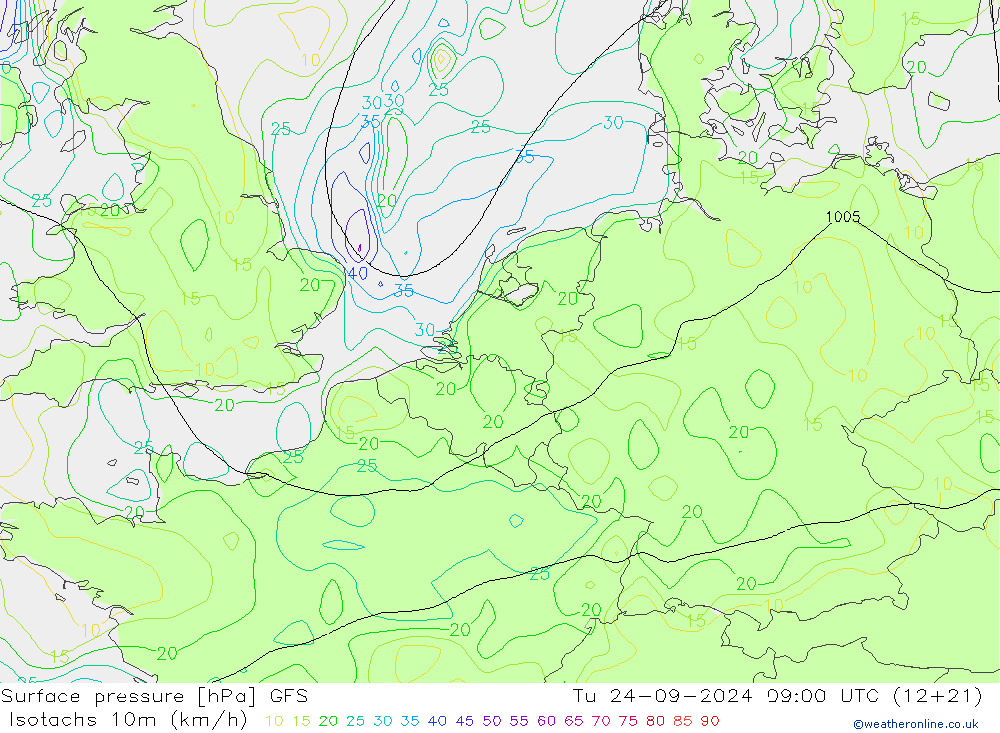 Isotachen (km/h) GFS di 24.09.2024 09 UTC