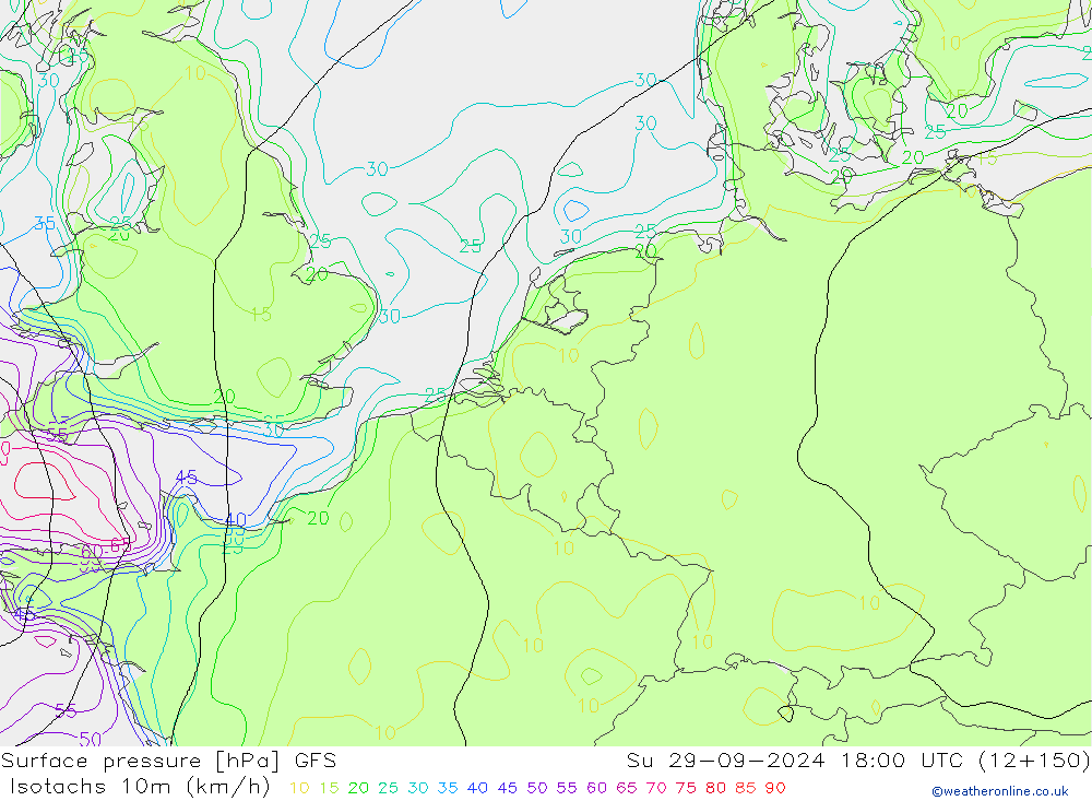 Isotachs (kph) GFS Вс 29.09.2024 18 UTC