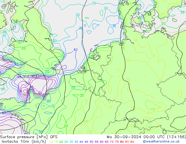 Isotachs (kph) GFS Mo 30.09.2024 00 UTC