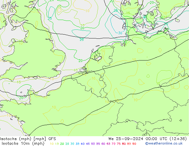 Isotachs (mph) GFS We 25.09.2024 00 UTC