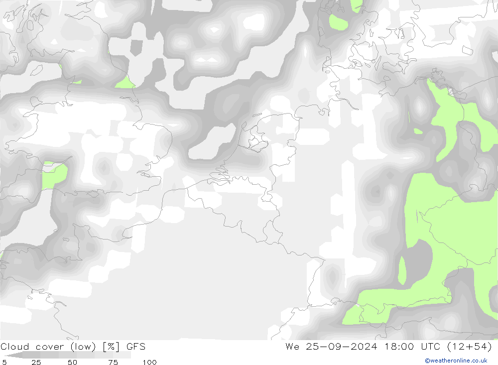 Cloud cover (low) GFS We 25.09.2024 18 UTC