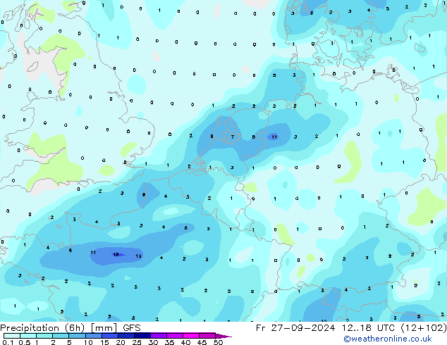 Precipitation (6h) GFS Fr 27.09.2024 18 UTC