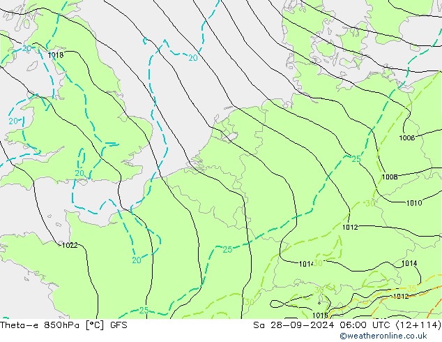 Theta-e 850hPa GFS so. 28.09.2024 06 UTC