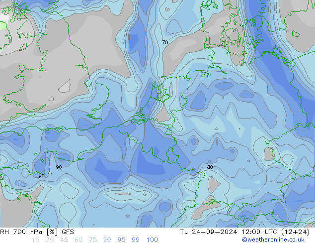 RH 700 гПа GFS вт 24.09.2024 12 UTC