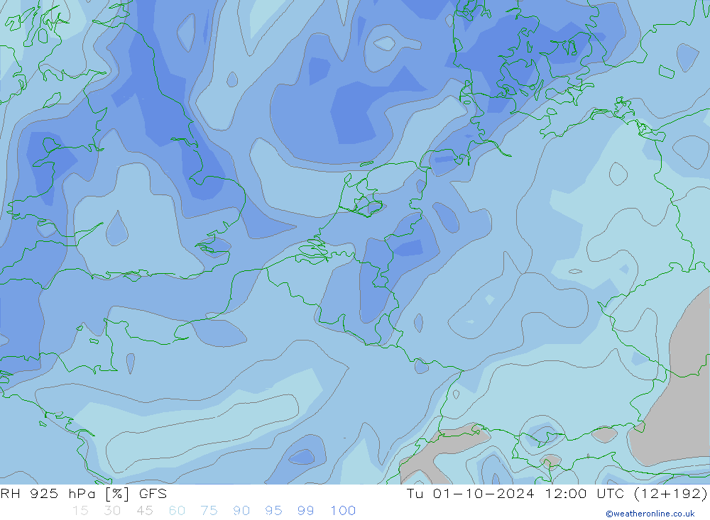 RH 925 hPa GFS Út 01.10.2024 12 UTC