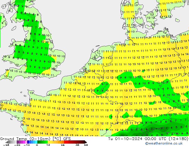 Temp. al suolo (0-10cm) GFS mar 01.10.2024 00 UTC