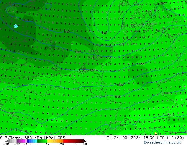 SLP/Temp. 850 hPa GFS Út 24.09.2024 18 UTC