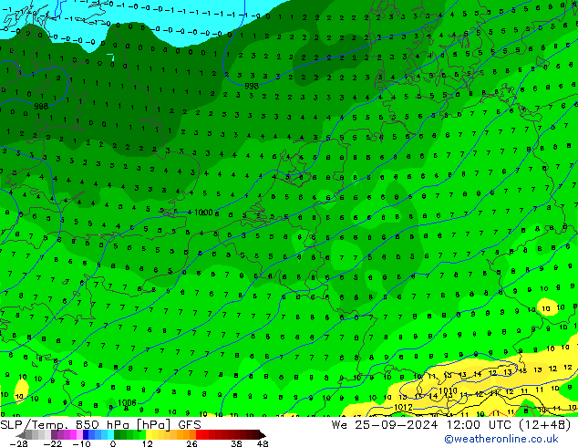 SLP/Temp. 850 hPa GFS wo 25.09.2024 12 UTC