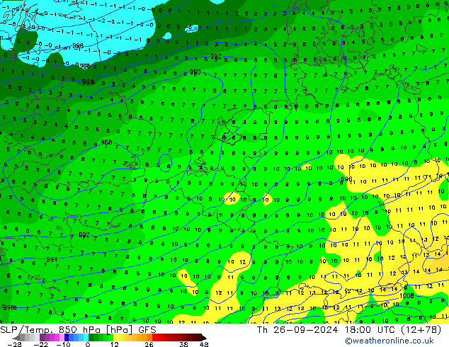 SLP/Temp. 850 hPa GFS czw. 26.09.2024 18 UTC