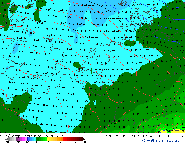 SLP/Temp. 850 hPa GFS sab 28.09.2024 12 UTC