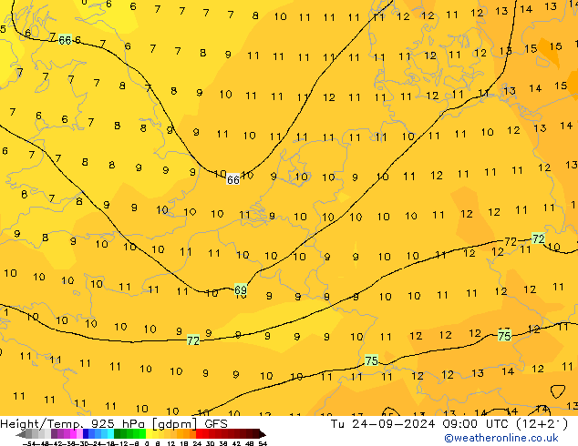 Géop./Temp. 925 hPa GFS mar 24.09.2024 09 UTC