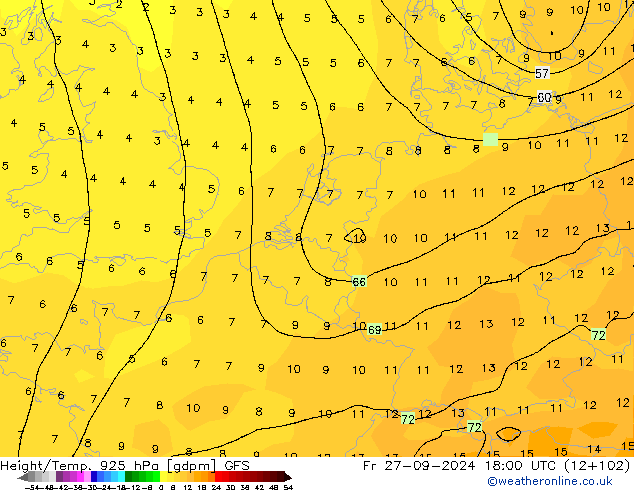 Height/Temp. 925 hPa GFS Fr 27.09.2024 18 UTC