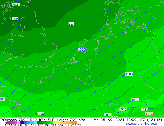 Thck 700-1000 hPa GFS śro. 25.09.2024 12 UTC