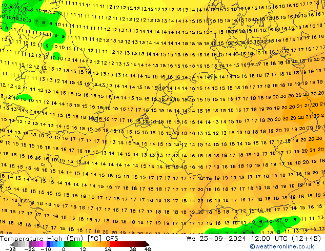 Nejvyšší teplota (2m) GFS St 25.09.2024 12 UTC