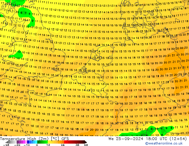 Temp. massima (2m) GFS mer 25.09.2024 18 UTC