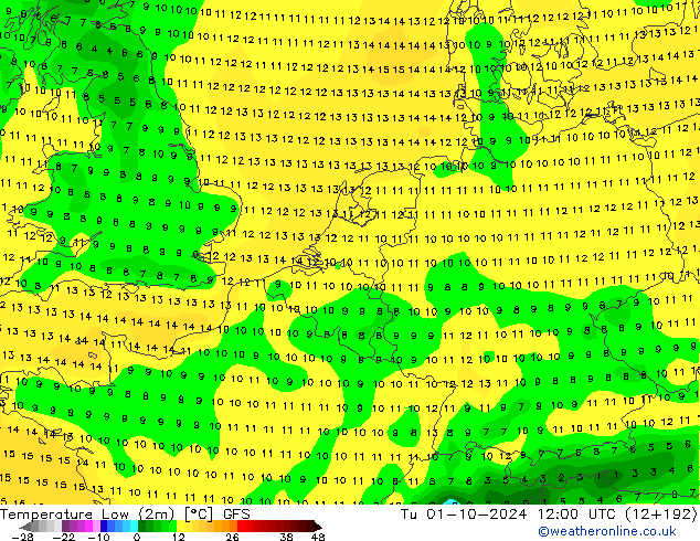 Minumum Değer (2m) GFS Sa 01.10.2024 12 UTC