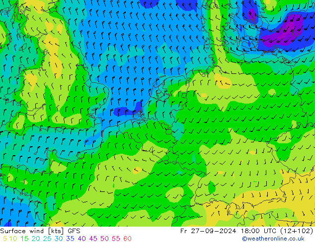 wiatr 10 m GFS pt. 27.09.2024 18 UTC