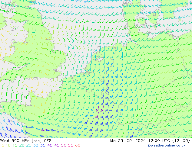 wiatr 500 hPa GFS pon. 23.09.2024 12 UTC