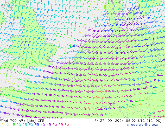 Rüzgar 700 hPa GFS Cu 27.09.2024 06 UTC