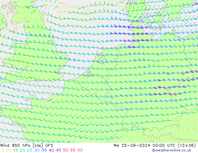 Viento 850 hPa GFS mié 25.09.2024 00 UTC