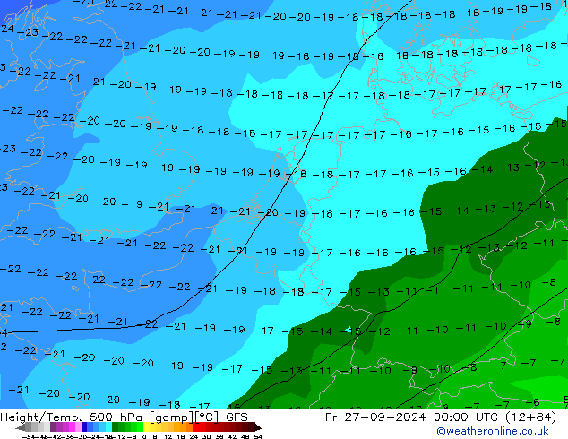 Z500/Rain (+SLP)/Z850 GFS ven 27.09.2024 00 UTC