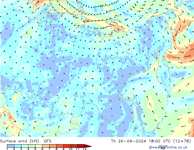 Wind 10 m (bft) GFS do 26.09.2024 18 UTC