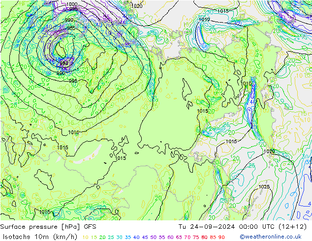 Isotachs (kph) GFS mar 24.09.2024 00 UTC