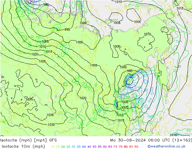 Isotachs (mph) GFS Mo 30.09.2024 06 UTC