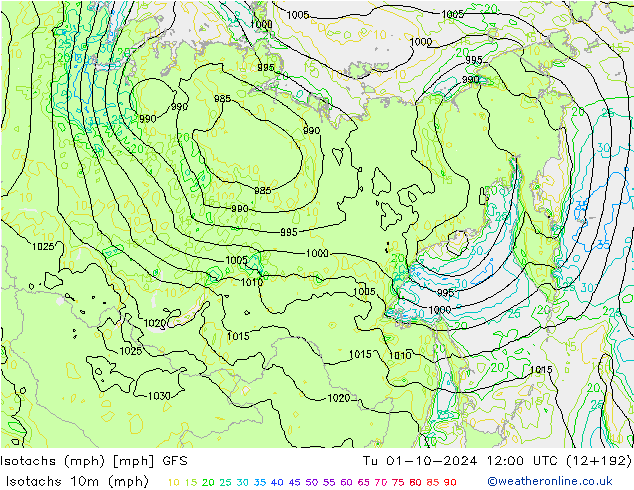 Isotachs (mph) GFS Tu 01.10.2024 12 UTC