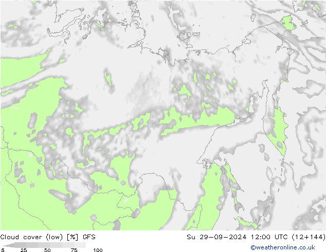 Cloud cover (low) GFS Su 29.09.2024 12 UTC