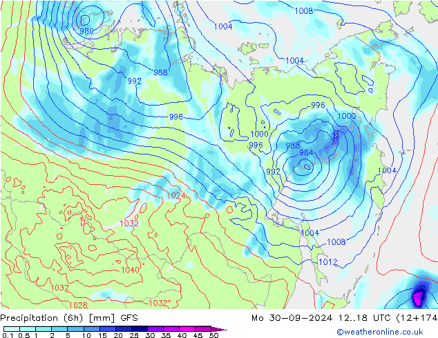 Z500/Rain (+SLP)/Z850 GFS lun 30.09.2024 18 UTC